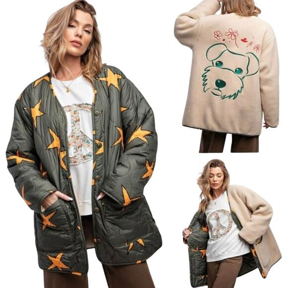 Easel Jackets & Blazers - EASEL Reversible Jacket Quilted Starfish or Schnauzer Sherpa, Size L New w/ Tag